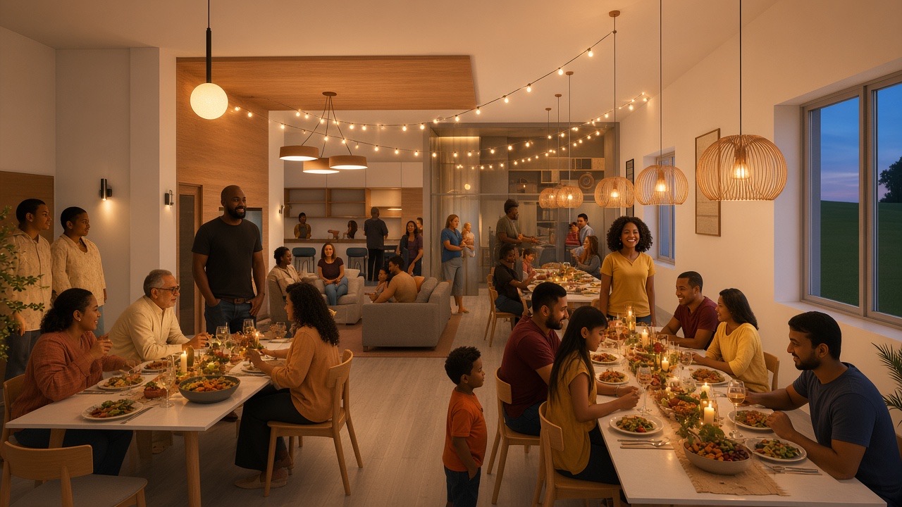 Neighbours sharing a community dinner in the Redside Dace Cohousing common room (artist's concept)